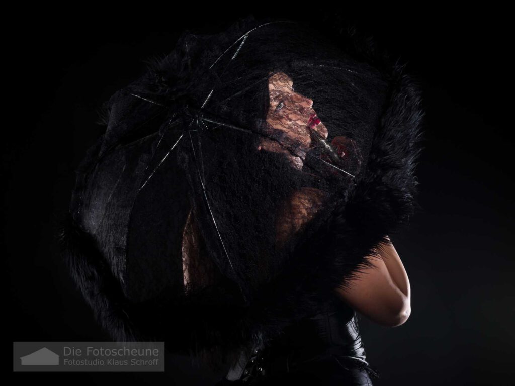 Model mit schwarzem Sonnenschirm beim Beauty Shooting